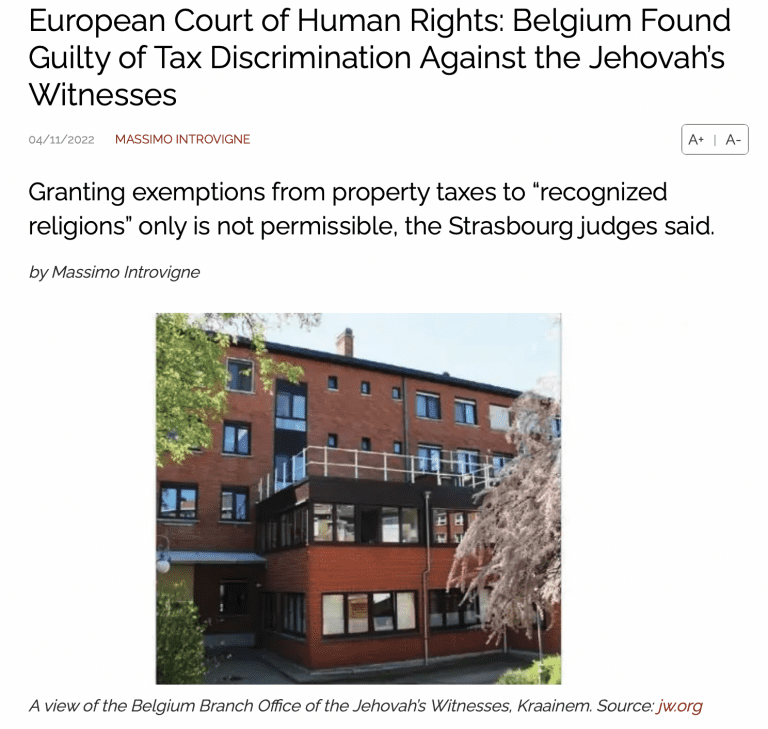 European Court of Human Rights: Belgium Found Guilty of Tax Discrimination Against the Jehovah’s Witnesses